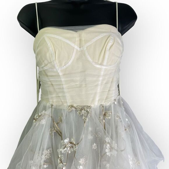 OHVIVI Off-White Applique See Through Tulle Prom Formal Dress Cherry Blossom - Picture 3 of 16